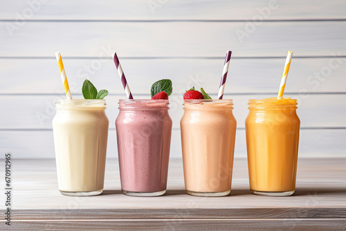 Four glasses with different smoothies with tubes on wooden table