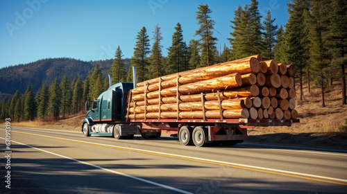 A large American truck carrying long cut logs along the road. Powerful semi-trailer with a specialized trailer. Transport concept, business.