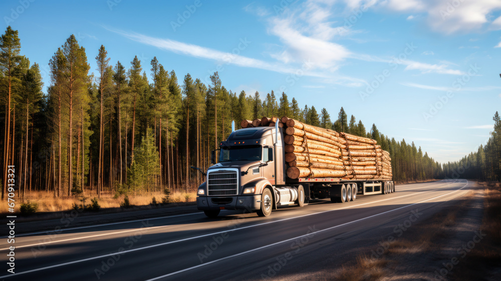 A large American truck carrying long cut logs along the road. Powerful semi-trailer with a specialized trailer. Transport concept, business. A large American truck carrying long cut logs along the road. Powerful semi-trailer with a specialized trailer. Transport concept, business.