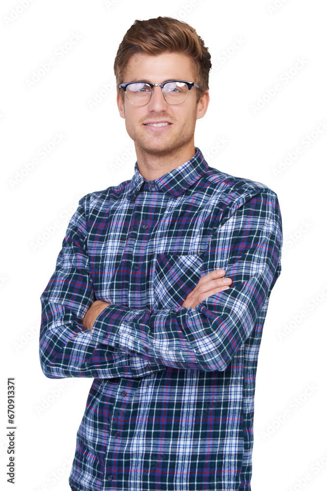 Portrait, confidence and man with crossed arms or glasses in png of isolated background with style. Hipster, guy and eye glasses with fashion for cool and trendy clothes with positive expression.