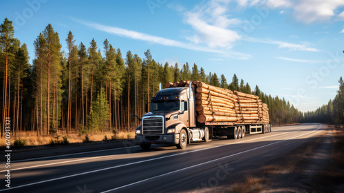 A large American truck carrying long cut logs along the road. Powerful semi-trailer with a specialized trailer. Transport concept, business.