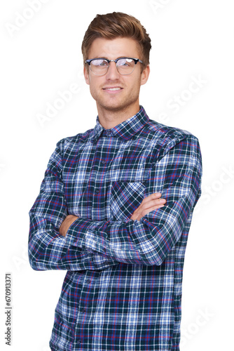 Portrait, confidence and man with crossed arms or glasses in png of isolated background with style. Hipster, guy and eye glasses with fashion for cool and trendy clothes with positive expression. © Sumeet K/peopleimages.com