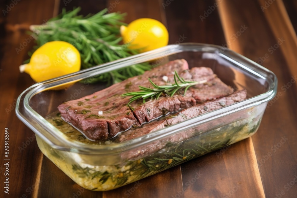 marinated skirt steak in rectangular glass container marinated skirt steak in rectangular glass container