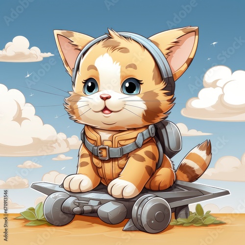 Cute Cat Flight With Cardboard Plane , Cartoon, Icon Illustration