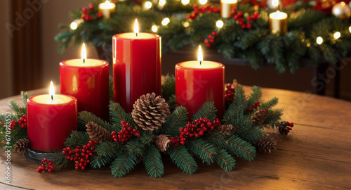 Schöner Weihnachtskranz mit brennenden roten Kerzen . Schön angerichtet auf einem Tisch . Weihnachten . KI Generated 