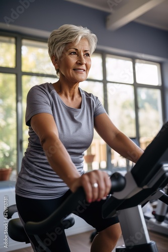 A scientific approach to training for maximum performance. Vertical photo of a smiling mature Middle aged Scandinavian short haired woman during workout on a smart exercise bike at home. © Stavros