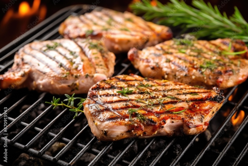 close-up of grilled pork chops with herbs