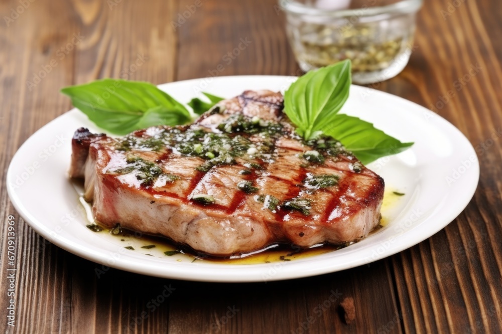 pork chop with garlic and basil garnish pork chop with garlic and basil garnish