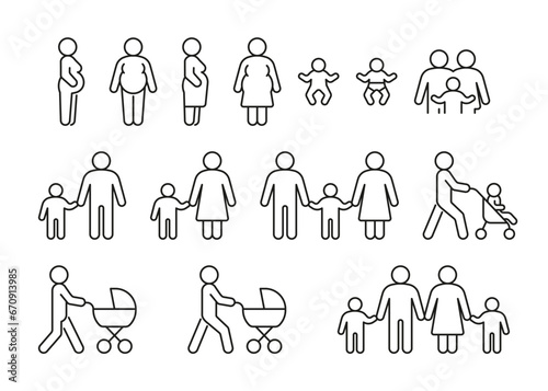 Family with child, line icon set. Kid in stroller walk with father and mother, parents. Pregnant woman. Happy family. Vector illustration