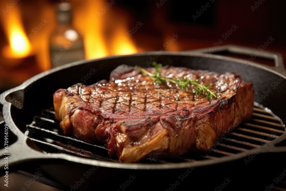 grilled porterhouse on a cast-iron skillet