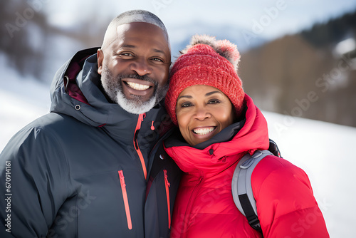 Beautiful elderly heterosexual African American couple in warm jackets hugging, smiling and looking at camera