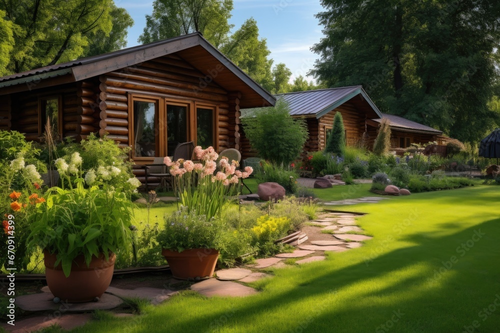 log cabins exterior view with a lush garden backdrop