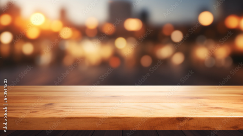 Empty Wooden Table for Product Placement, with blurred background. Ai generative.