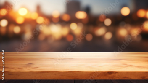 Empty Wooden Table for Product Placement, with blurred background. Ai generative.