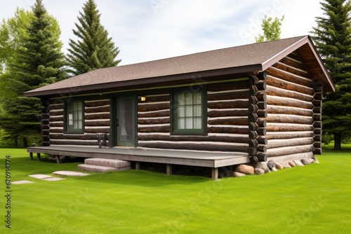 a minimalistic side-view of a log cabin, highlighting stone foundations