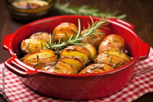 grilled potatoes in a red ceramic dish with fresh rosemary