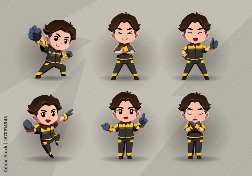 set of man mascot cartoon character in yellow black uniform set of man mascot cartoon character in yellow black uniform