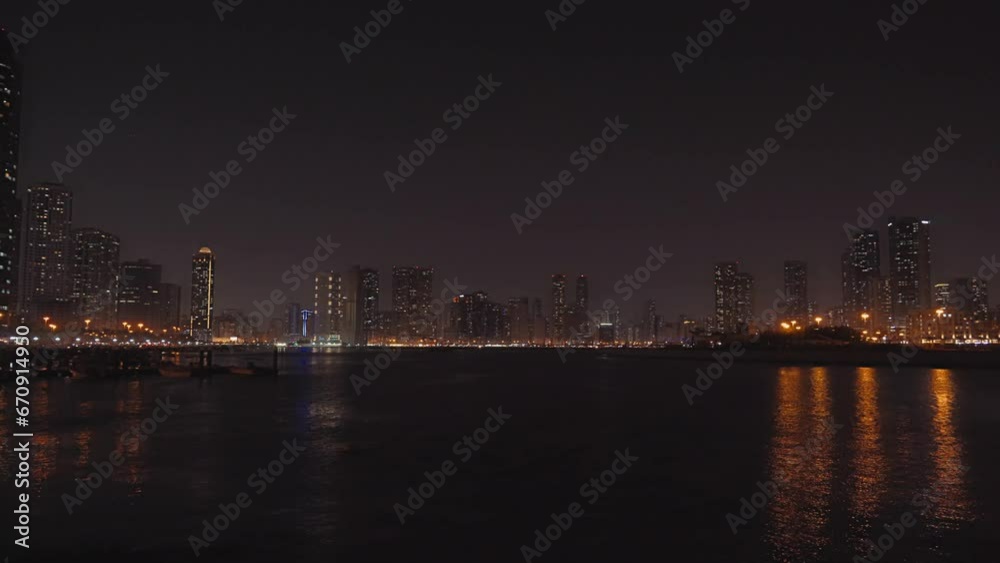Dubai Skyline From Al Jadafh Walkway At Night, United Arab Emirates Dubai Skyline From Al Jadafh Walkway At Night, United Arab Emirates