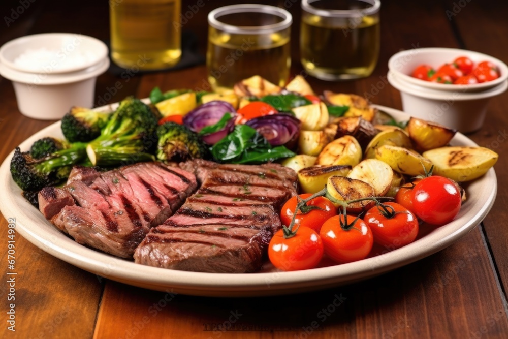 grilled ribeye with roasted vegetables on a round platter grilled ribeye with roasted vegetables on a round platter