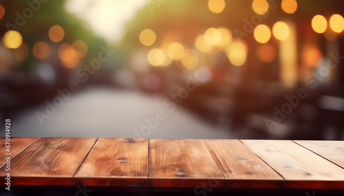 Empty Wooden Table for Product Placement, with blurred background. Ai generative. © Unique Creations