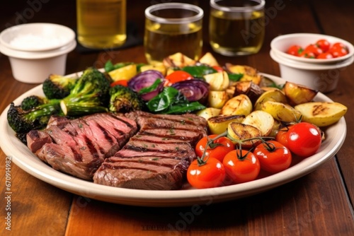grilled ribeye with roasted vegetables on a round platter