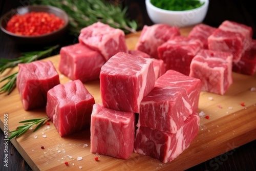 ribeye steak cut in cubes, raw, ready for skewers