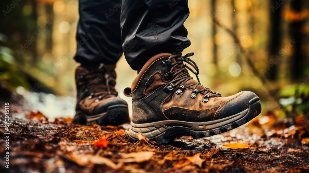Close-up of feet in hiking boots on a hiking trail in the mountains. Lifestyle concept, walking outdoors.