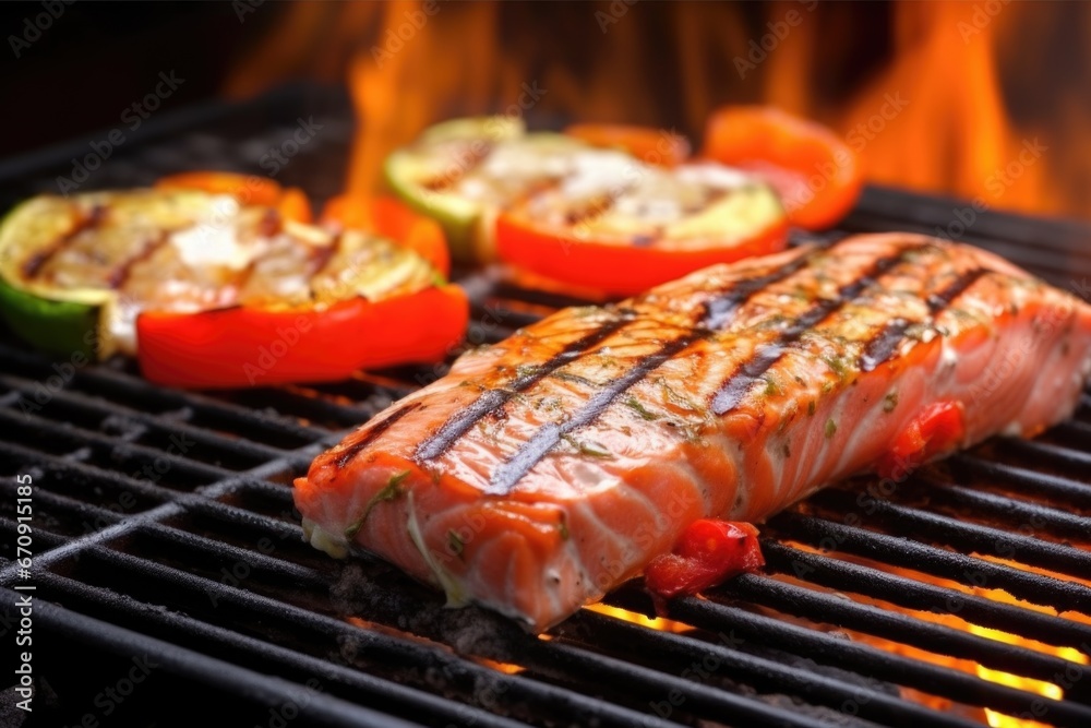 salmon steak next to a smoky grill
