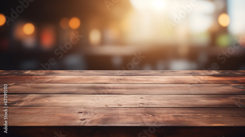 Empty Wooden Table for Product Placement, with blurred background. Ai generative.