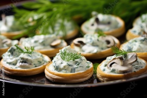 close-up view of baby bella mushrooms filled with gorgonzola