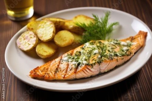 grilled salmon served with baked potatoes