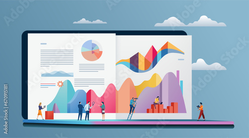 Business creativity. Business graphs come out of a laptop monitor and tiny business people check them. Business vector illustration. Web development team vector illustration.
