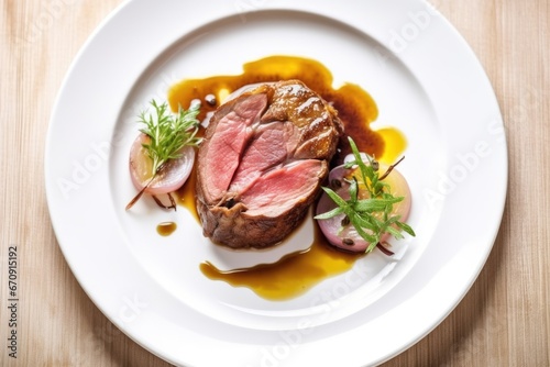 top-down view of oak-smoked lamb shoulder on a white plate