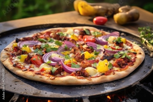 bbq pizza with colorful toppings on stone, oven open behind