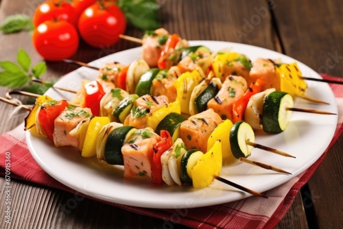 grilled salmon and vegetable kebabs