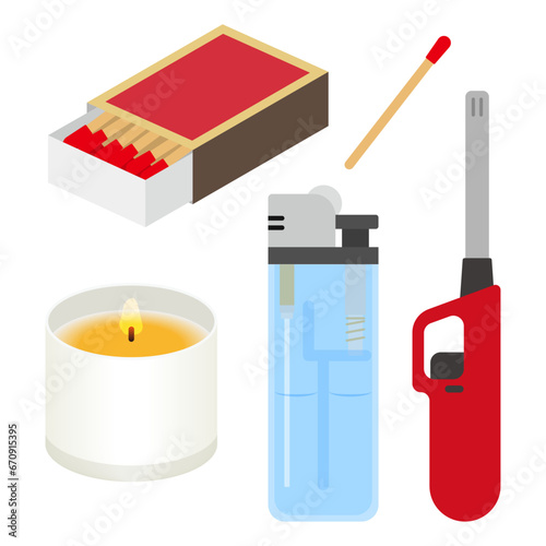 火を着ける道具のイラストセット