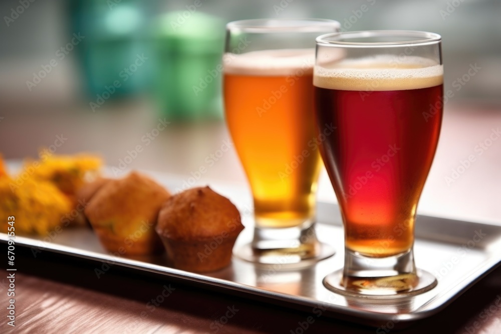 copper colored ale in a glass next to colorful sliders on white plate