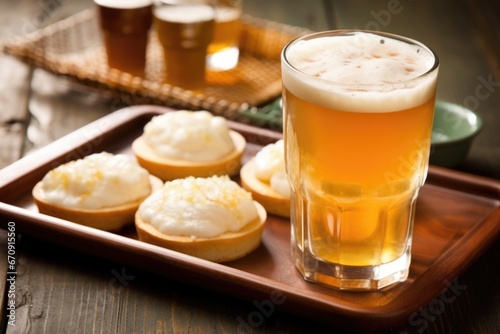 pale ale with frothy top on a coaster, bbq sliders on a ceramic dish