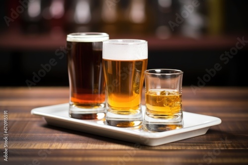 beer glass on coaster beside slider trio on platter