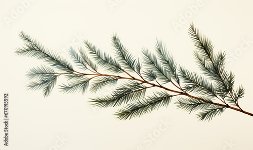 Coniferous branch on a white background in vintage style.