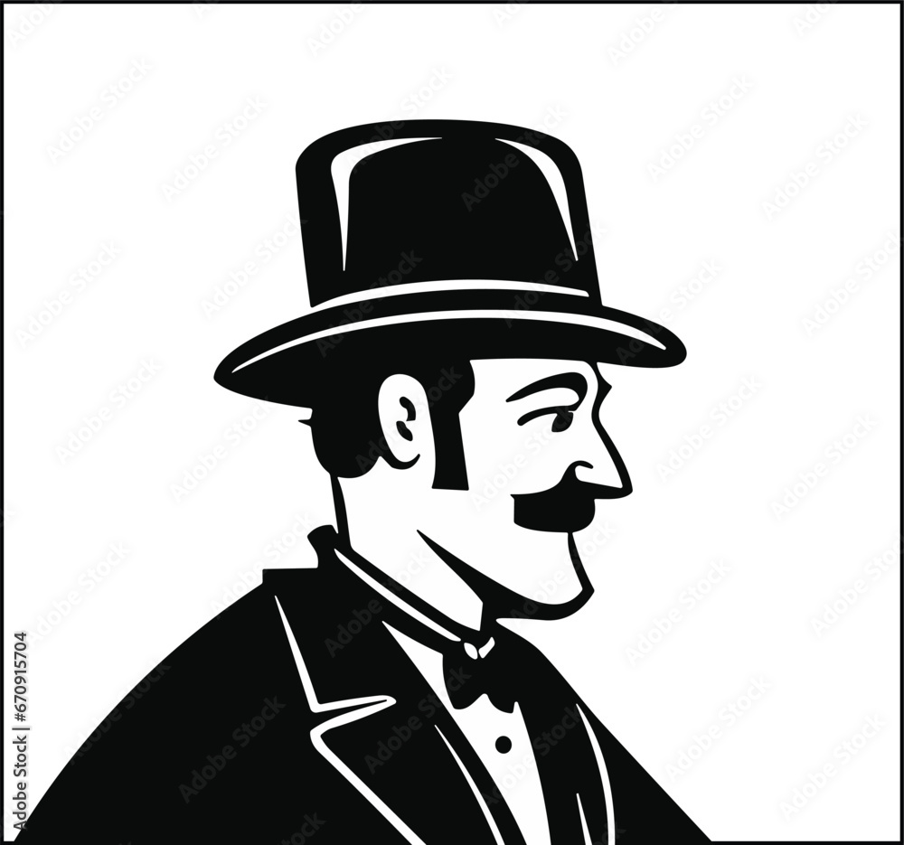 Profile portrait of man in vintage clothes. Victorian gentleman in cylinder. Black white engraving vector