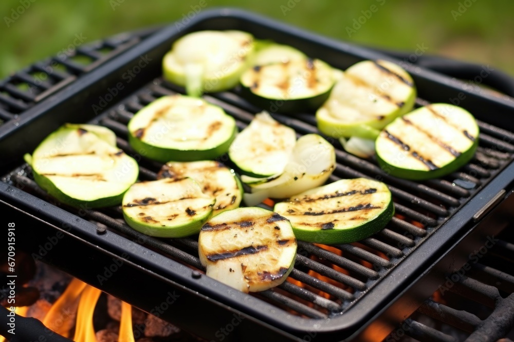grilled scallops and zucchini strips in a grill pan grilled scallops and zucchini strips in a grill pan