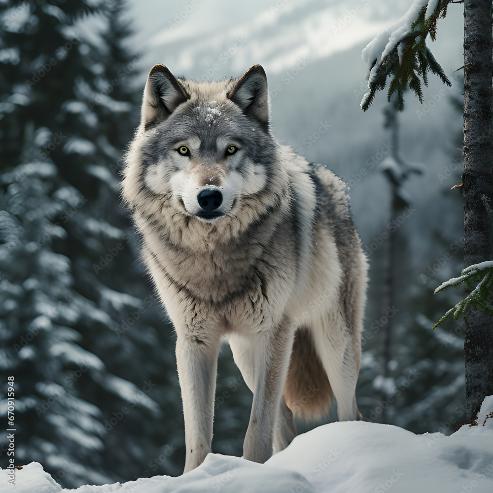 Wolf umgeben von Wald und Berge im Winter