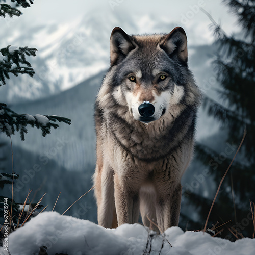 Wolf umgeben von Wald und Berg im Winter © Toni