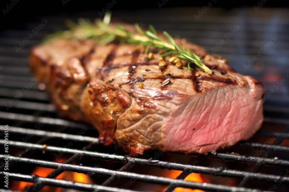 close up shot of a grilled sirloin steak garnished with thyme