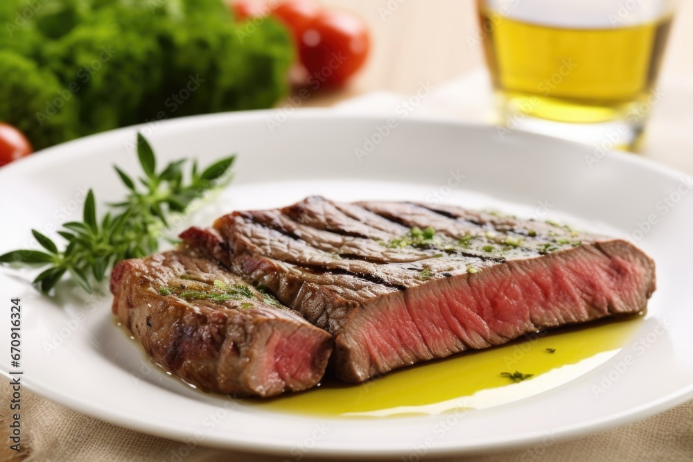 medium-rare sirloin steak with running juices on plate