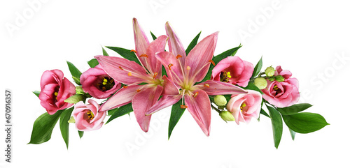 Fototapeta Naklejka Na Ścianę i Meble -  Two coral lilies, eustoma flowers and green leaves of ruscus in a floral arrangement isolated on white or transparent background