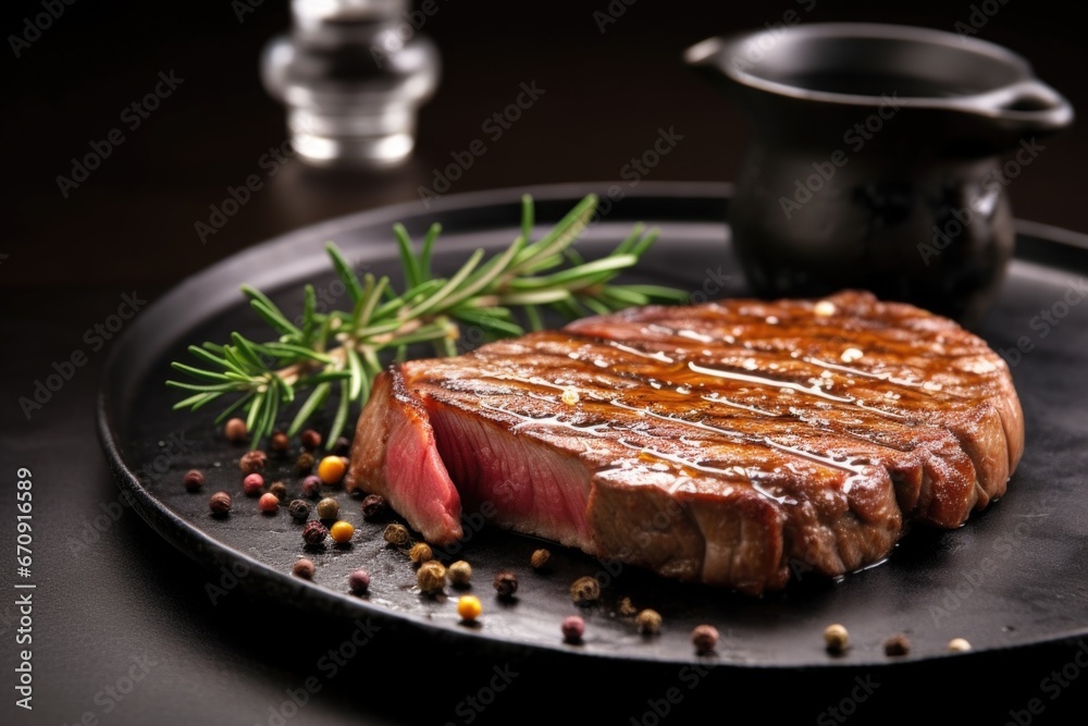 close-up of seared rib-eye steak on a black ceramic plate