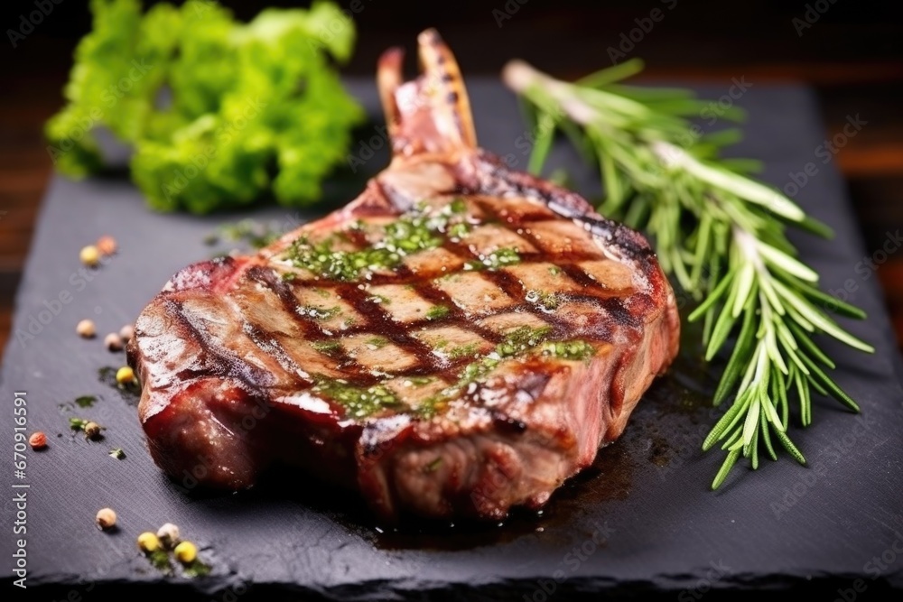 smoky grilled lamb chop with fresh herbs on a quarry tile