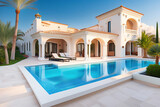 Mediterranean white villa with palm trees and pool, Ai generated